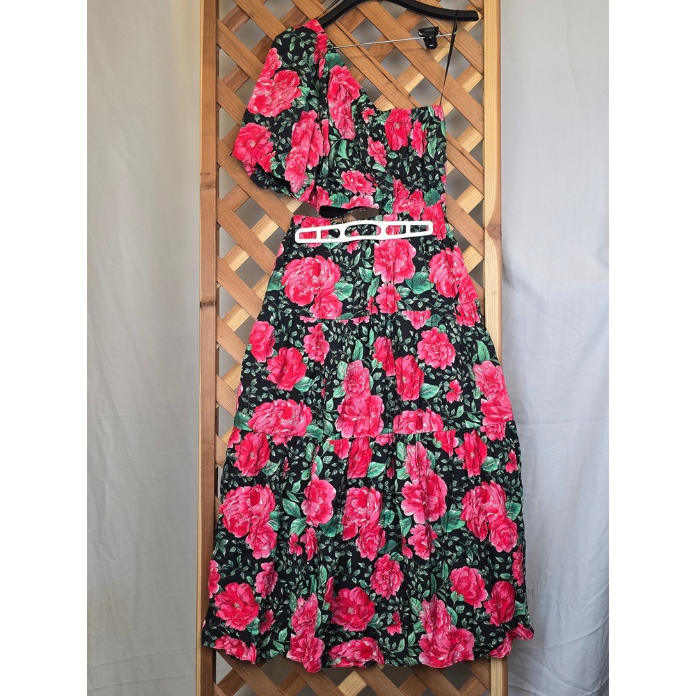 Moon River One Shoulder Floral Cut Out Maxi Dress Womens Small Black Red - NEW